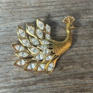 Peacock Brooch With Clear Navette Rhinestones
